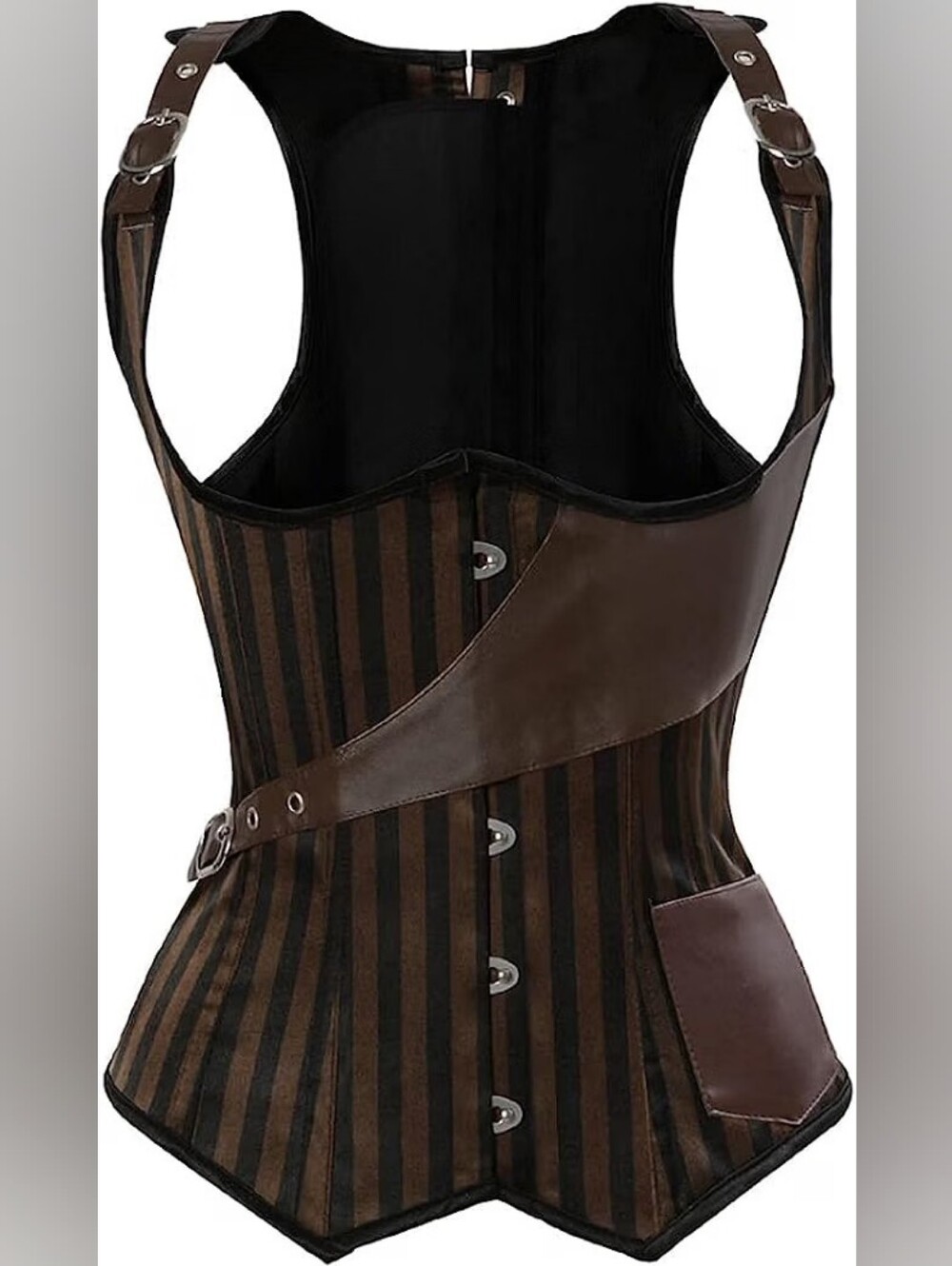 Women’s Steampunk Underbust Corset XL Faux Leather Brown/Black Striped Lace-Up